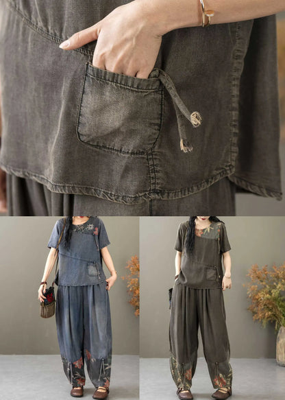 Black Print Tops and Crop Pants Denim Two Piece Suit Summer