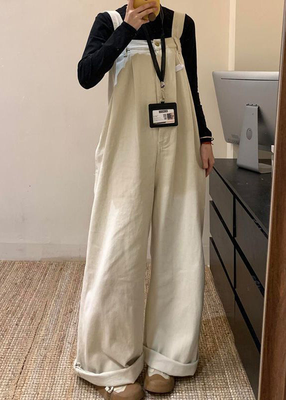 Beige Denim Wide Leg Jumpsuit High Waist Summer