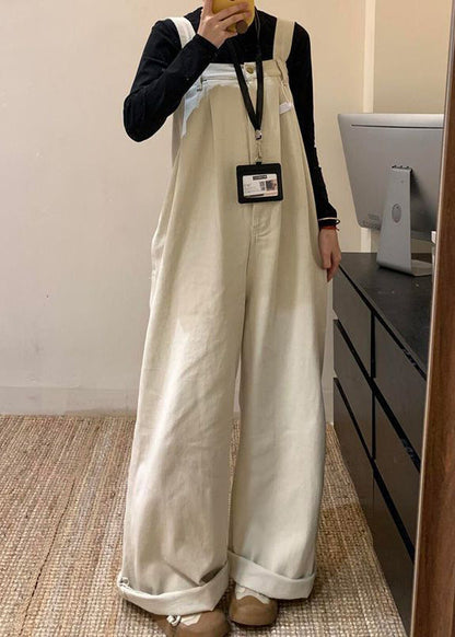Beige Denim Wide Leg Jumpsuit High Waist Summer