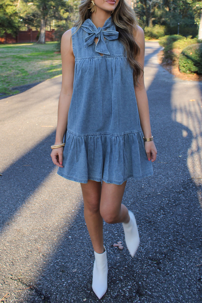 Street Color Lace Up Ruffle Bow Decor Sleeveless Loose Denim Dresses