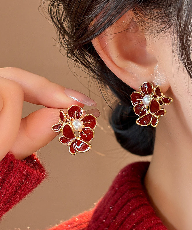 Red Copper Alloy Butterfly Pearl Stud Earrings