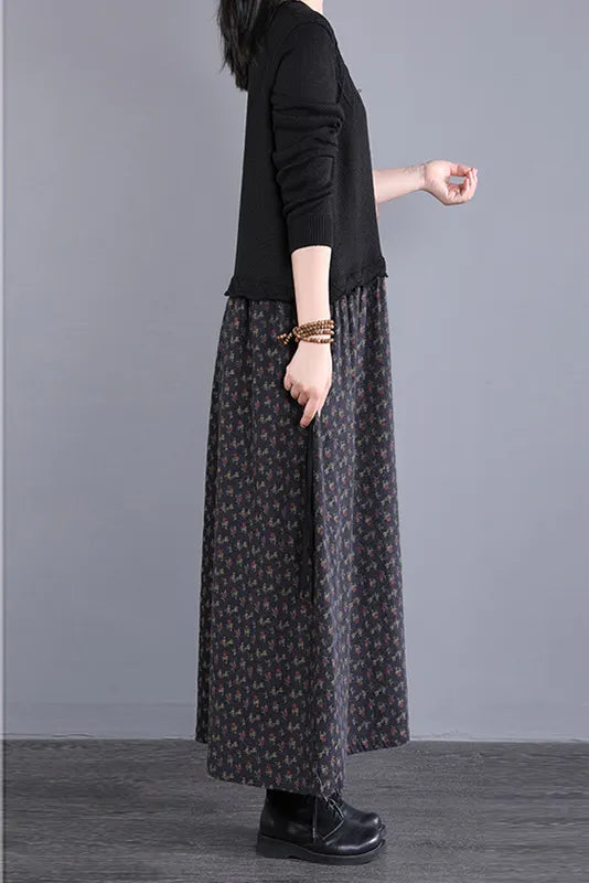 Fall Stitching Long Dress Retro Black Knitted Dress