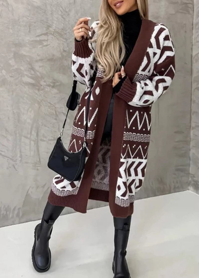 Black V Neck Geometric Jacquard Knit Cardigan Fall