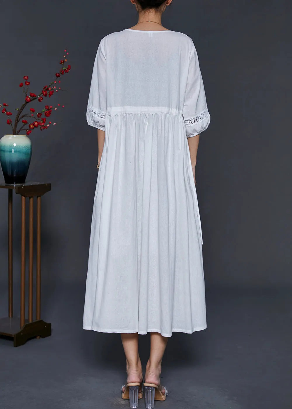 White Embroidered Cotton Cinched Dress Summer