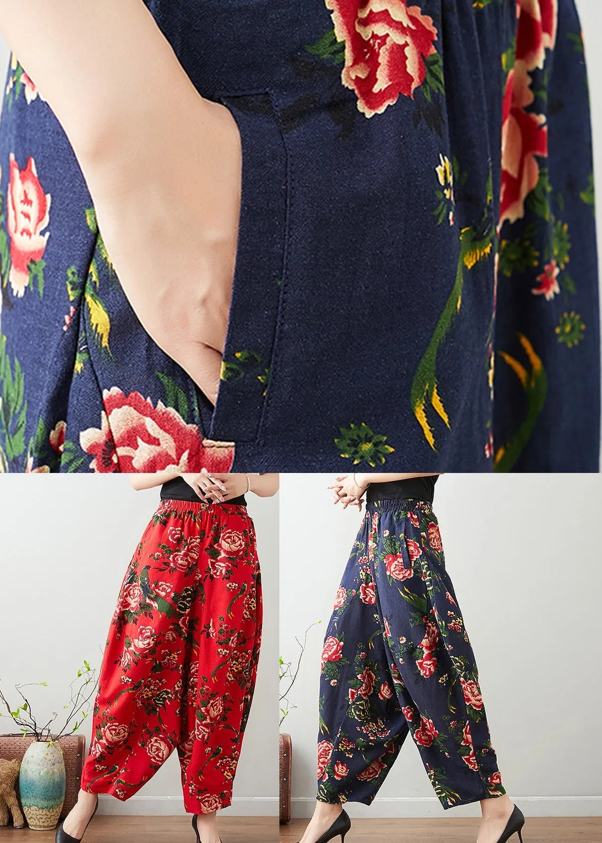 Blue Elastic Waist Lantern Pants Summer