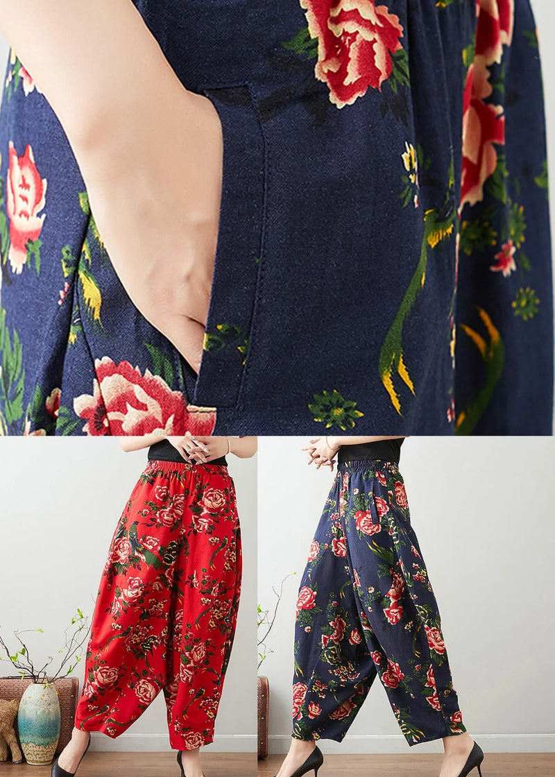 Handmade Red Print Cozy Waist Wide Pants