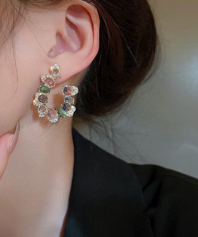 Rainbow Copper Zircon Crystal Asymmetric U Shaped Hoop Earrings