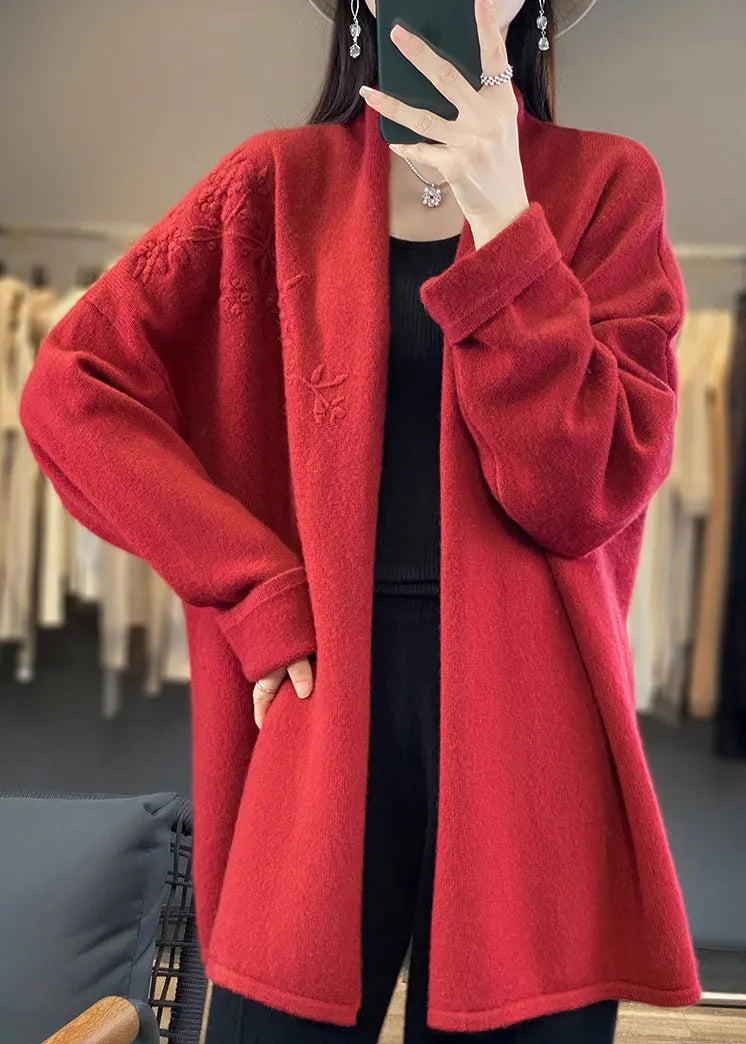 Loose Red V Neck Embroideried Cashmere Cardigan Top Fall