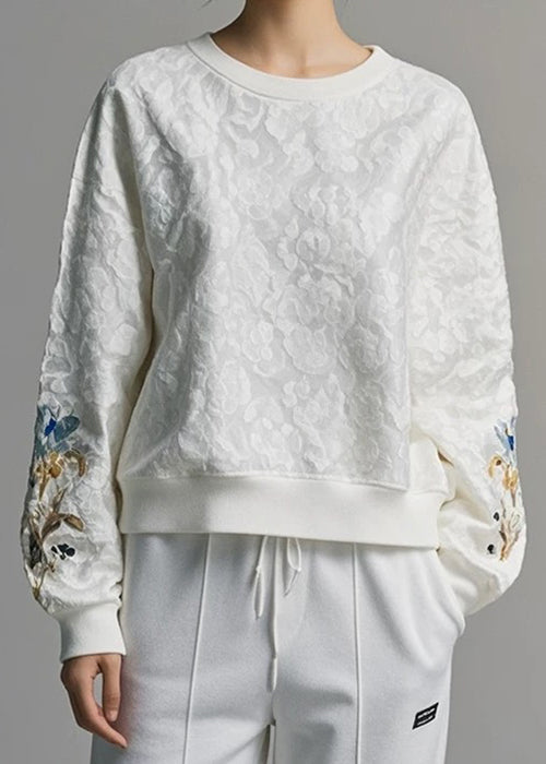 Jacquard White O Neck Cotton Sweatshirt Fall