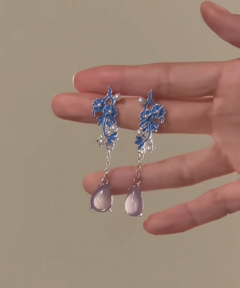 Blue Sterling Silver Pearl Cloisonne Enamel Water Drop Tassel Drop Earrings