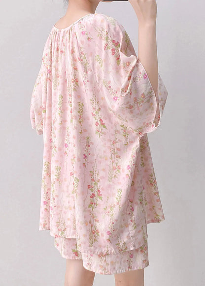 Art Pink Tie Lace Top and Shorts Pajama Set Summer