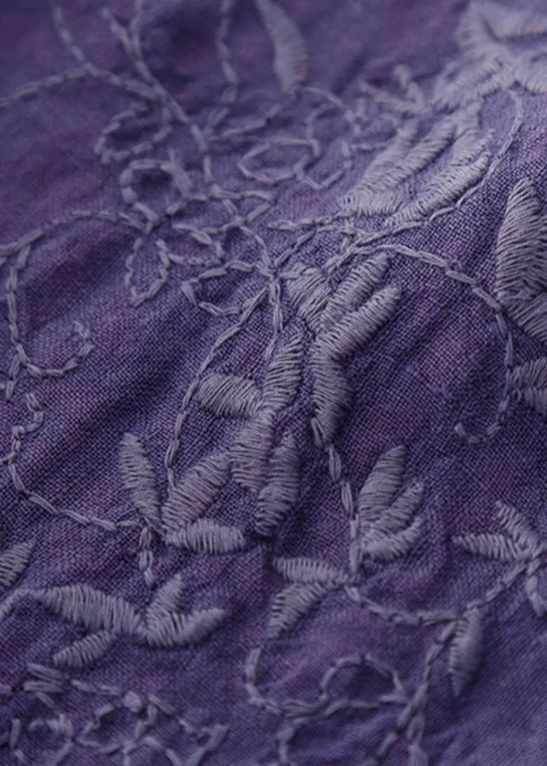 Dark Purple Embroidered Tie Waist Linen Maxi Dress Spring