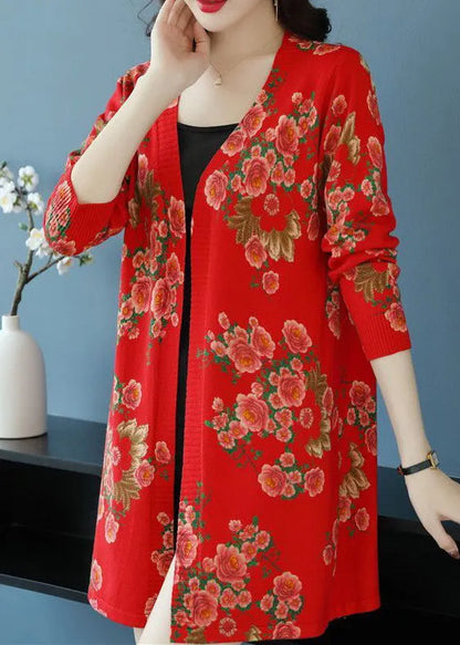 Red V Neck Print Wool Knit Cardigan Long Sleeve