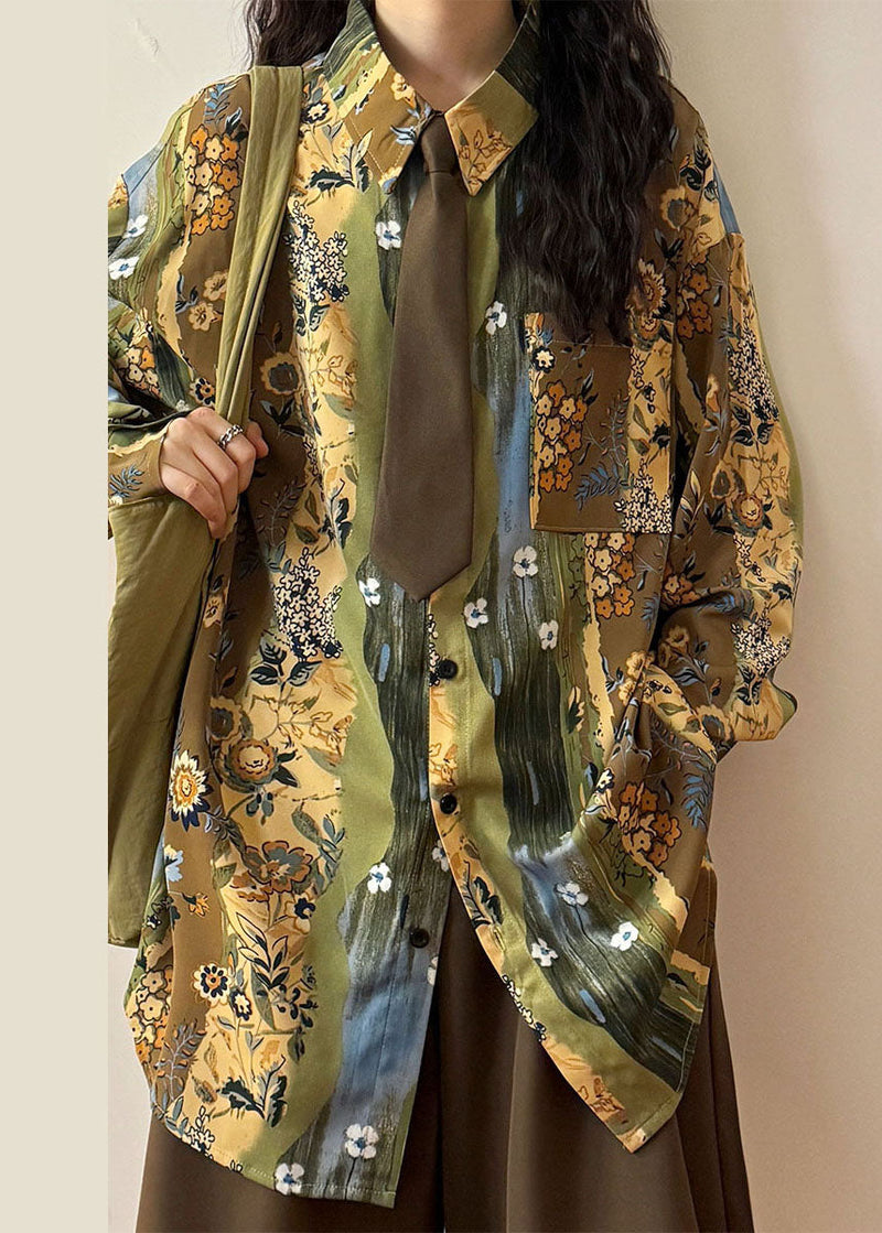 Unique Green Peter Pan Collar Print Button Blouses Spring