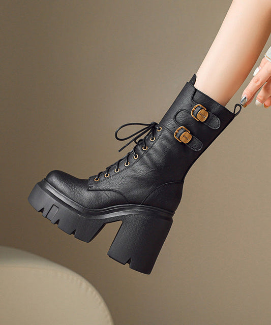 Black Boots Chunky Cowhide Leather Splicing Boots