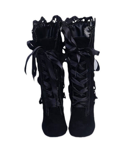 Stylish Black Suede Lace Cross Strap Splicing Chunky Heel Boots
