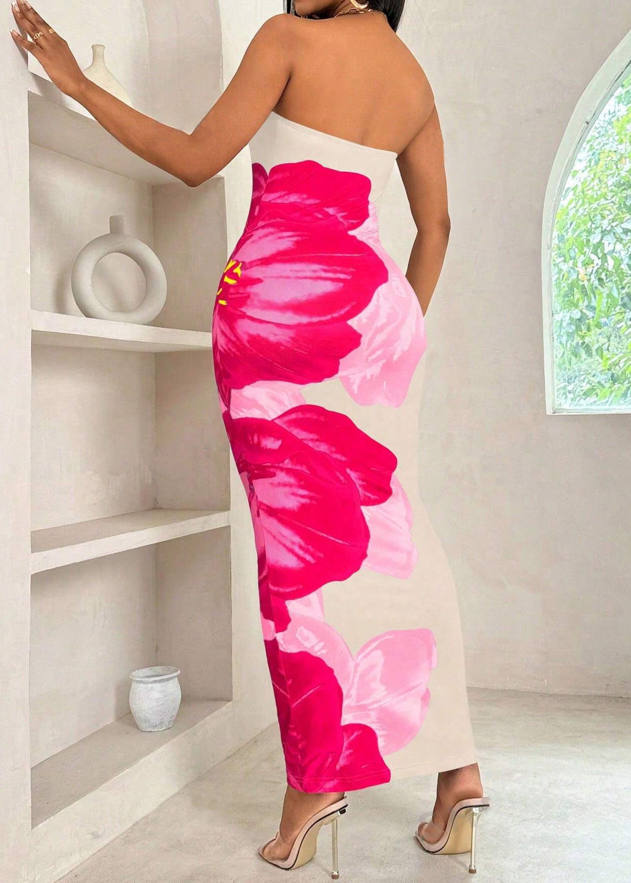 Style Pink Print Slim Fit Cotton Strapless Dress Summer