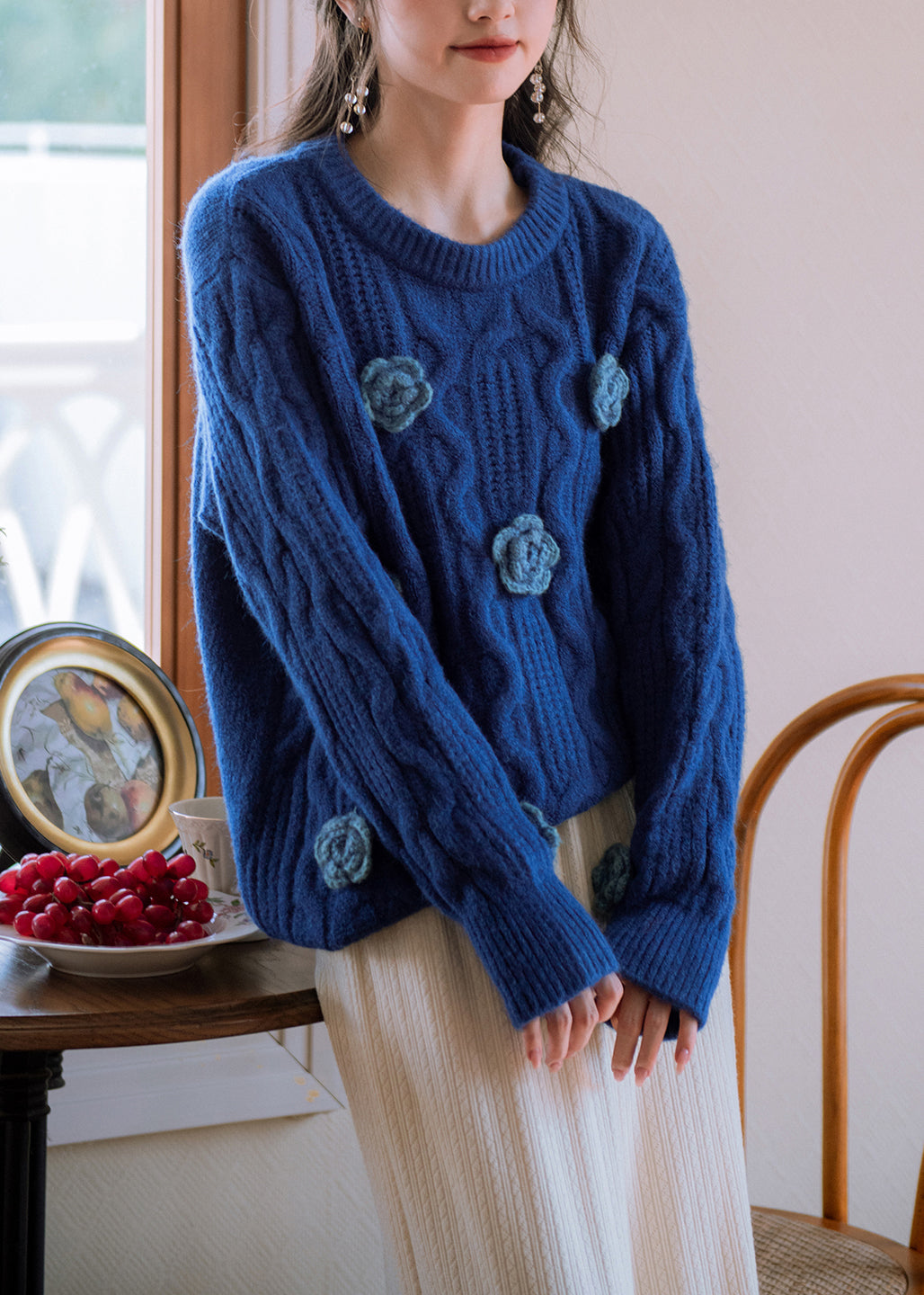 Original Blue O Neck Cozy Knit Sweater Winter