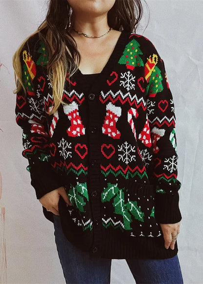 Black V Neck Jacquard Knit Cardigan Fall