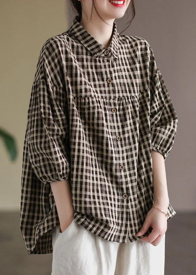 Black Peter Pan Collar Plaid Linen Shirt Half Sleeve