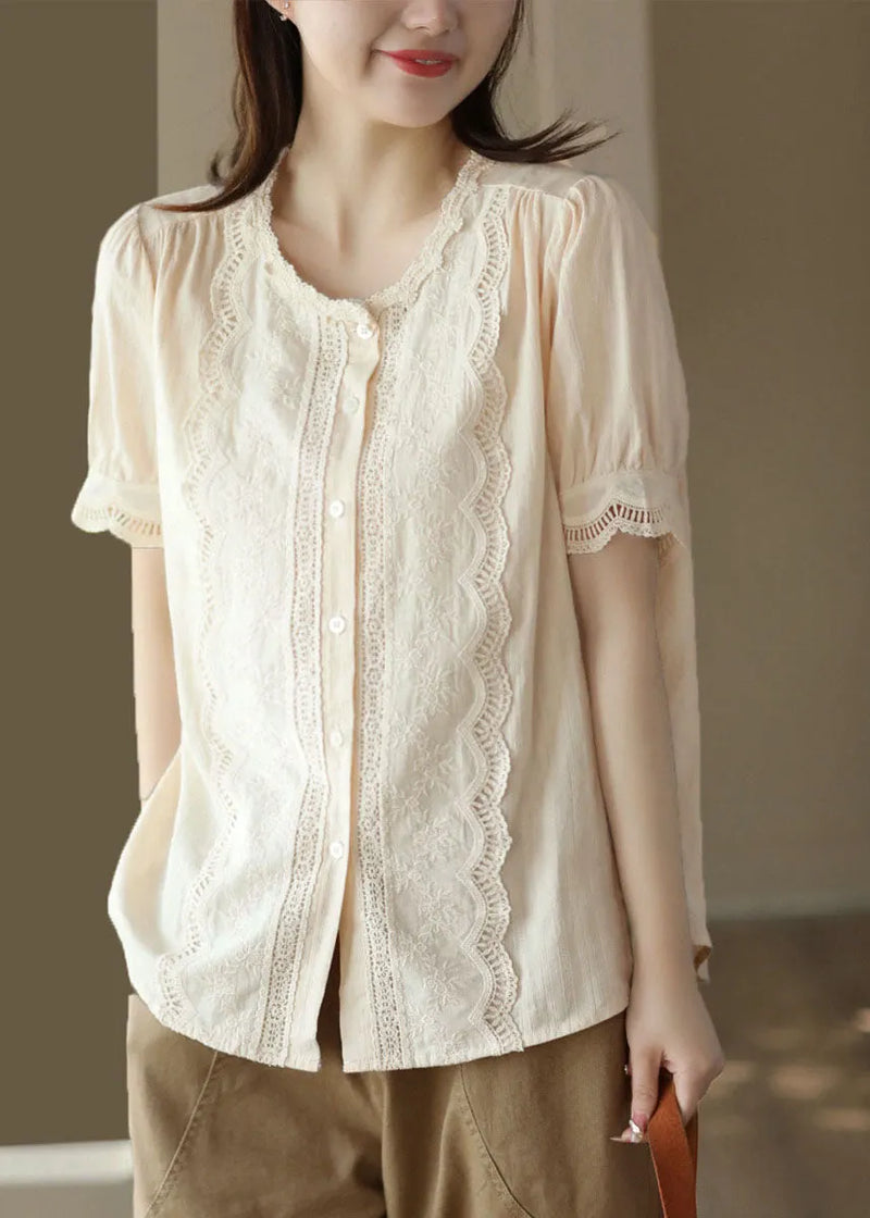 Apricot Hollow Out Embroidered Patchwork Cotton Blouses Summer