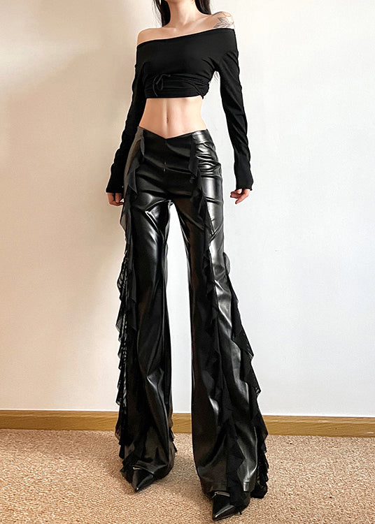 Original Black Tulle Ruffled Patchwork Faux Leather Flared Trousers Summer