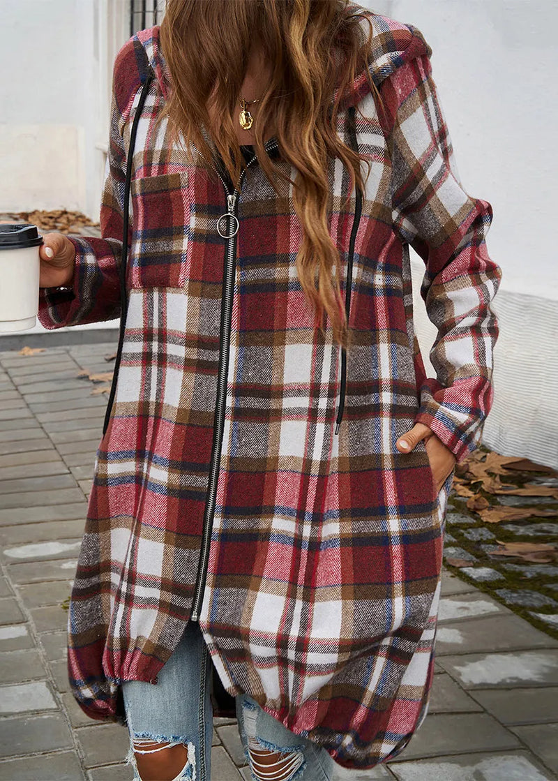 Green Plaid Zippered Pockets Cotton Hooded Coat Fall