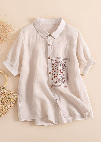 Orange Peter Pan Collar Print Button Linen Shirts Short Sleeve