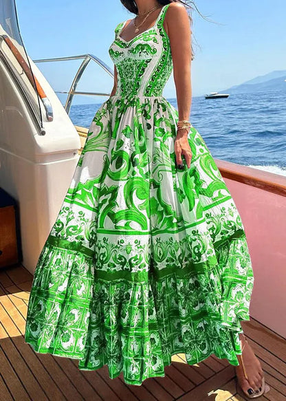 Rose Print Wrinkled Cotton Spaghetti Strap Dress Summer