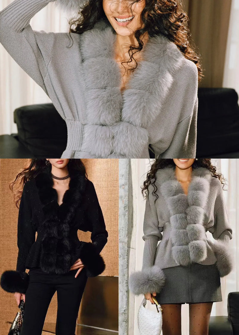 French Grey Oversized Patchwork Fox Fur Wool Knit Cardigan Winter