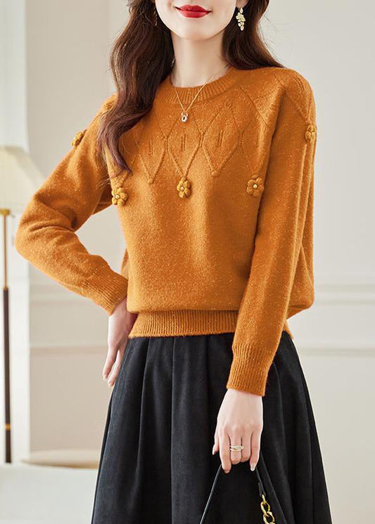 Orange Hollow Out Knit Fall Sweaters O Neck