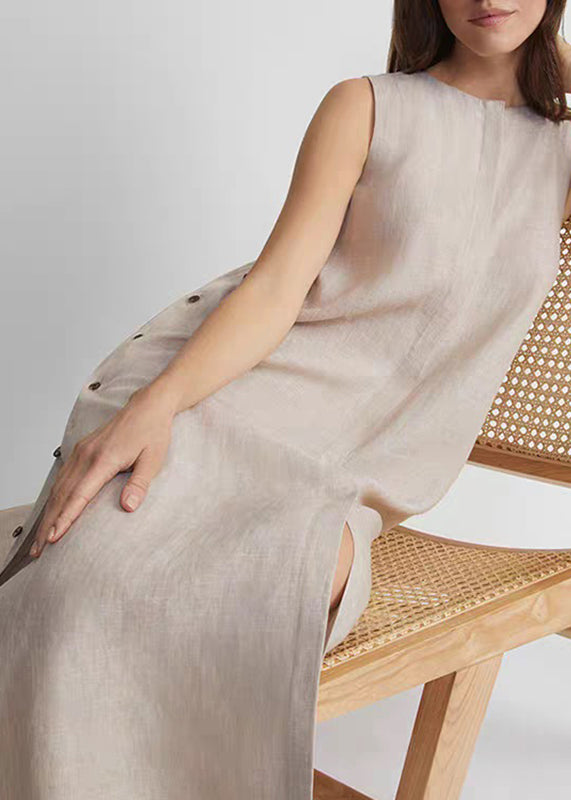 Khaki O-neck Low High Design Robe Dresses Sleeveless