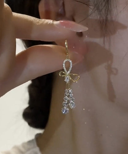 Gold Sterling Silver Overgild Zircon Bow Tassel Drop Earrings