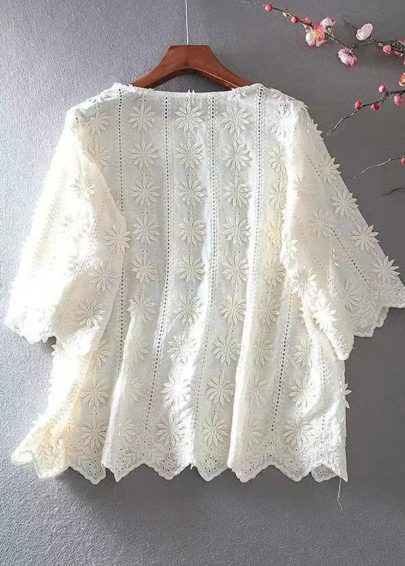 Apricot Embroidered Hollow Out Cotton Top Half Sleeve