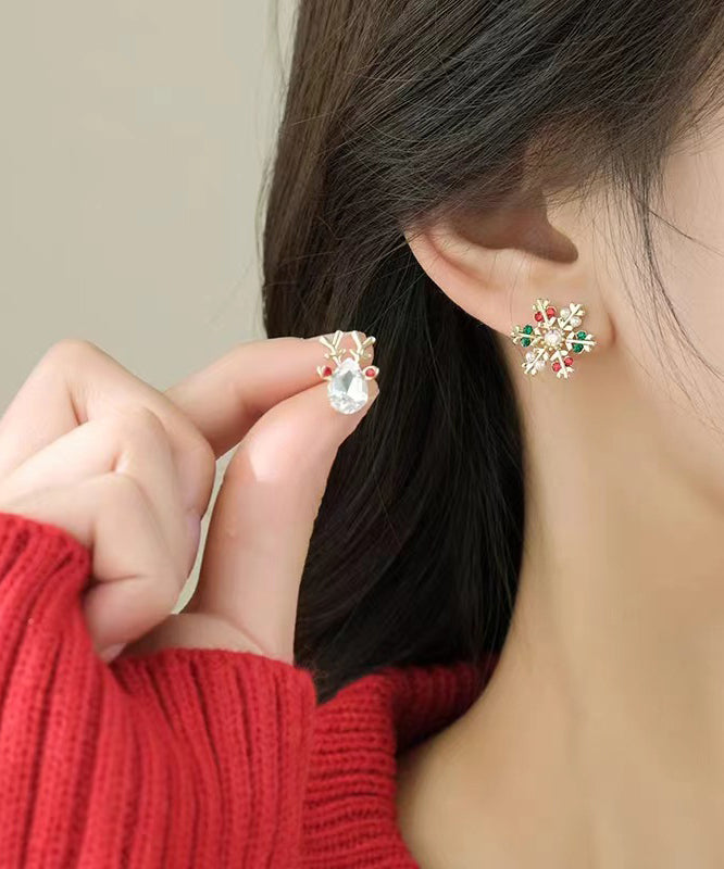 Multicolor Sterling Silver Overgild Asymmetric Crystal Snowflake Pronghorn Stud Earrings