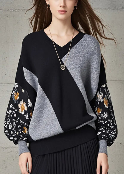 Modern Black Grey Patchwork Print Knitted Tops Fall
