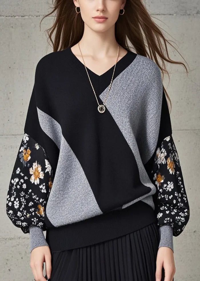 Modern Black Grey Patchwork Print Knitted Tops Fall
