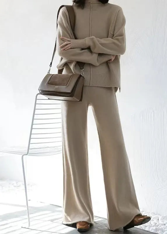 French Apricot Sweaters and Pants Knit Two Pieces Set Winter