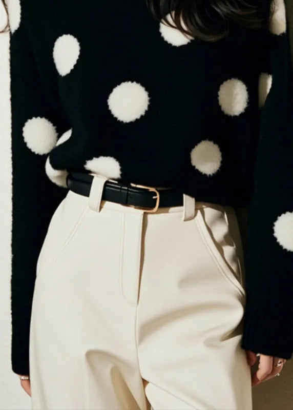 French Black O-neck Dot Print Cozy Cotton Knit Sweater Spring