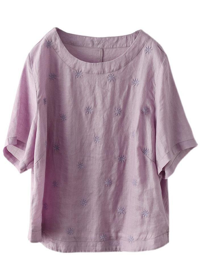 Unique White O-neck Embroidered Summer Ramie Shirt Half Sleeve