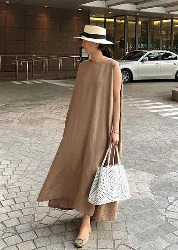 O Neck Side Open Linen Cotton Clothes Fabrics Khaki Dress