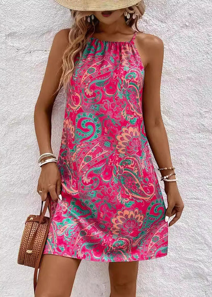 Rose Print Lace Up Chiffon Dresses Sleeveless