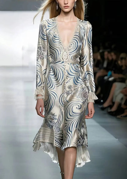Silm Fit White V Neck Print Silk Long Dress Spring
