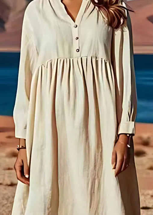 Beige V Neck Wrinkled Patchwork Linen Dresses Long Sleeve