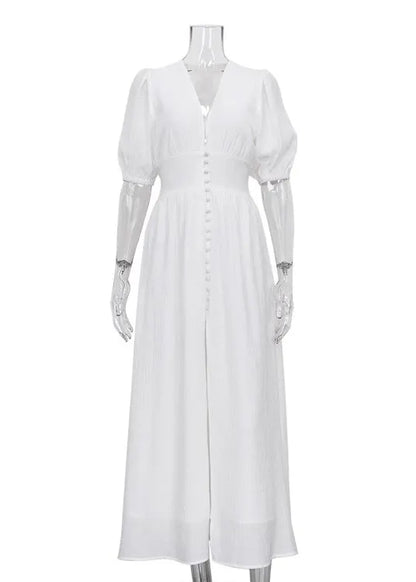 Boutique White V Neck Front Open Puff Sleeve Patchwork Cotton Dress