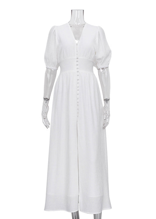 Boutique White V Neck Front Open Puff Sleeve Patchwork Cotton Dress