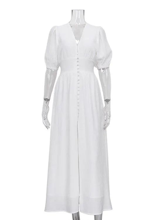 Boutique White V Neck Front Open Puff Sleeve Patchwork Cotton Dress