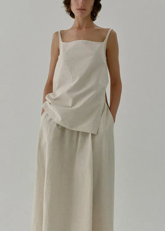 Beige Zip Up Linen Strap Tank Top Sleeveless