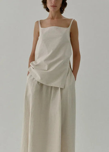 Beige Zip Up Linen Strap Tank Top Sleeveless