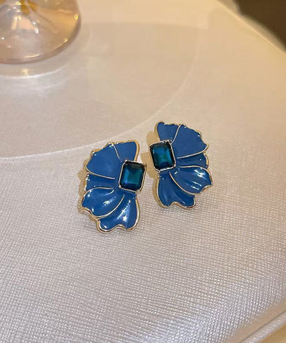 Blue Alloy Crystal Drip Glaze Petal Stud Earrings
